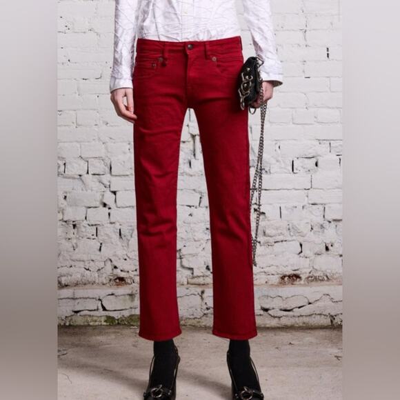 R13 Boy Straight Vivid Red Denim Jeans Slim Straight Cropped Overdyed 30 - Picture 1 of 11
